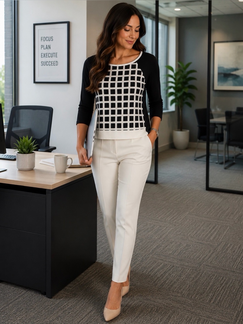 Picadilly Black White Geometric Top M NWT Office Siren Career Chic
